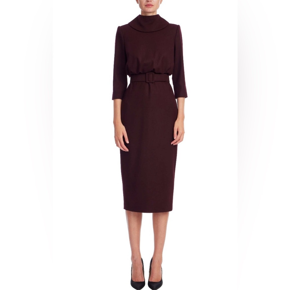 Badgley Mischka Wine Midi Dress Belted High Neck Elegant Cocktail size 8 NWT